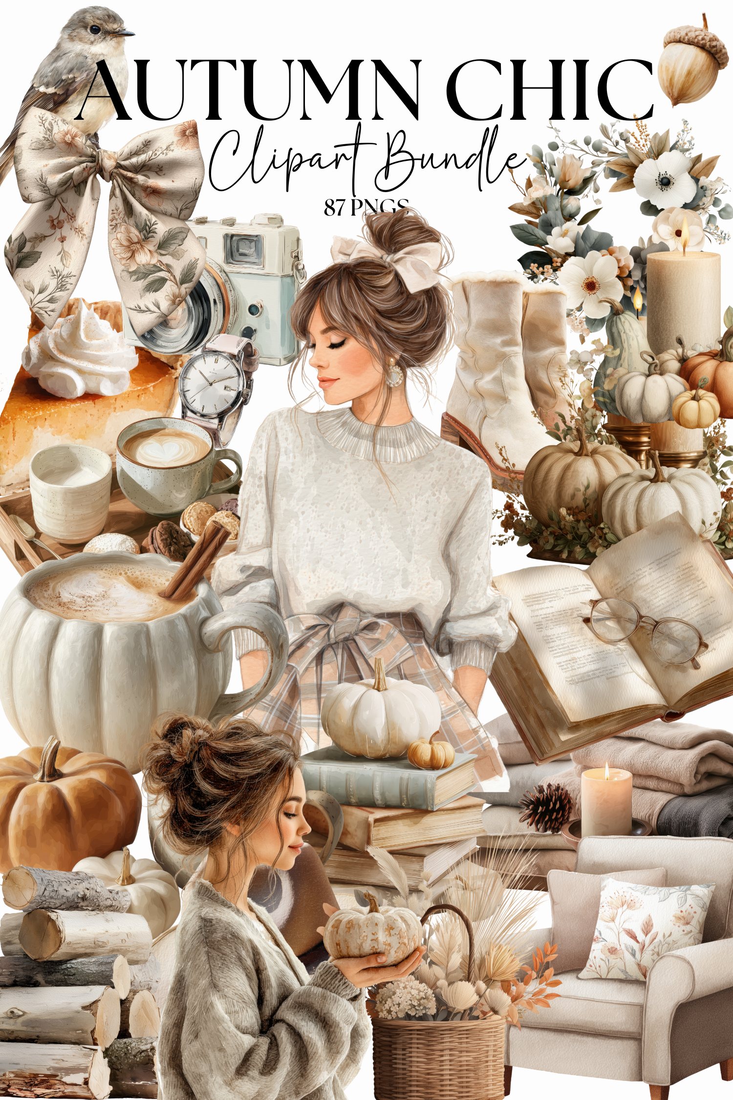 Autumn Chic Clipart Bundle, Pumpkins and Cozy Book Girly Decor, Soft Watercolor Fussy Cut Pages, Ephemera Digital Sticker Sheets