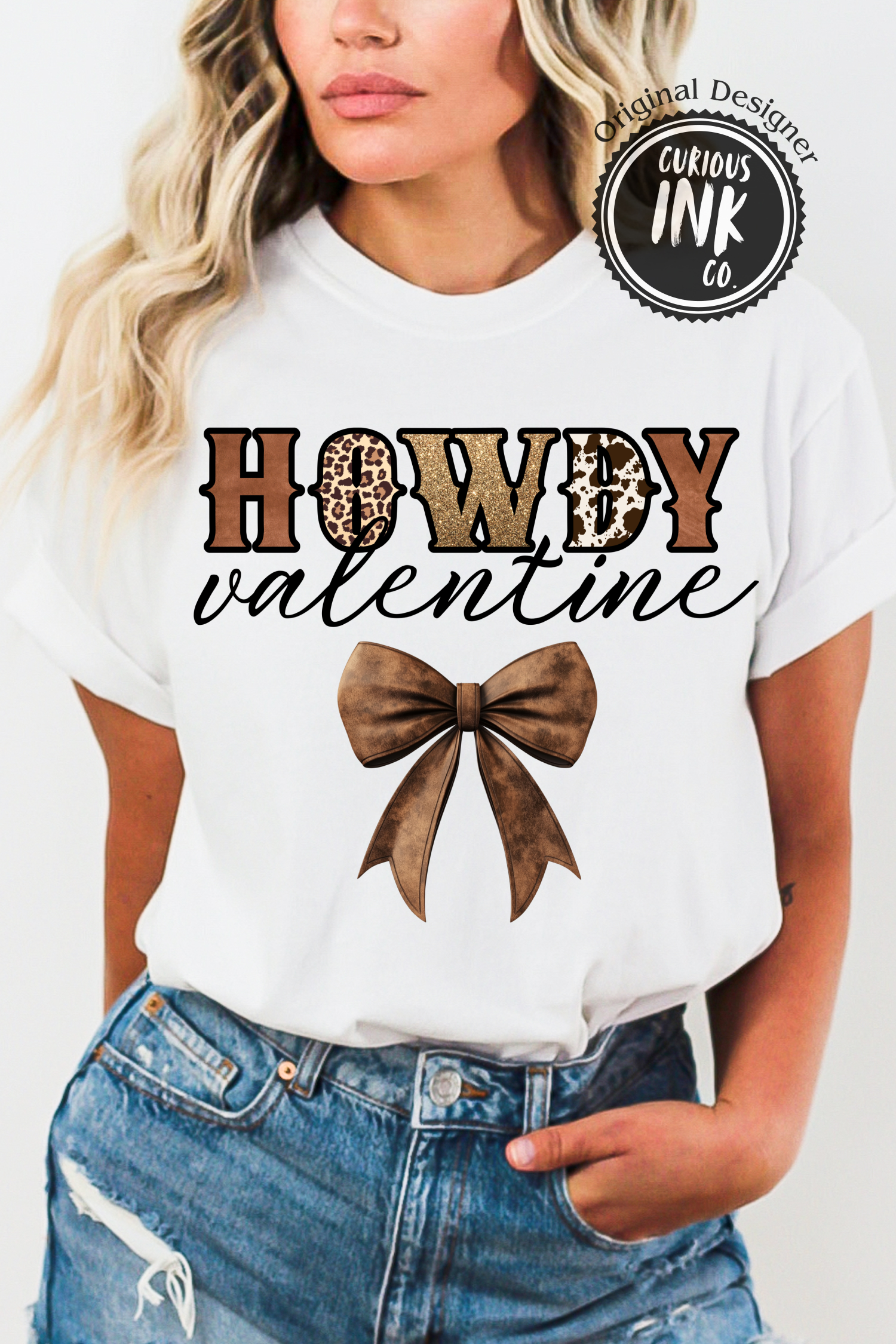 Howdy Valentine Western Cowgirl Design, Preppy Coquette Valentine Shirt Graphic, Girly Aesthetic Bow Cow Print Love Art