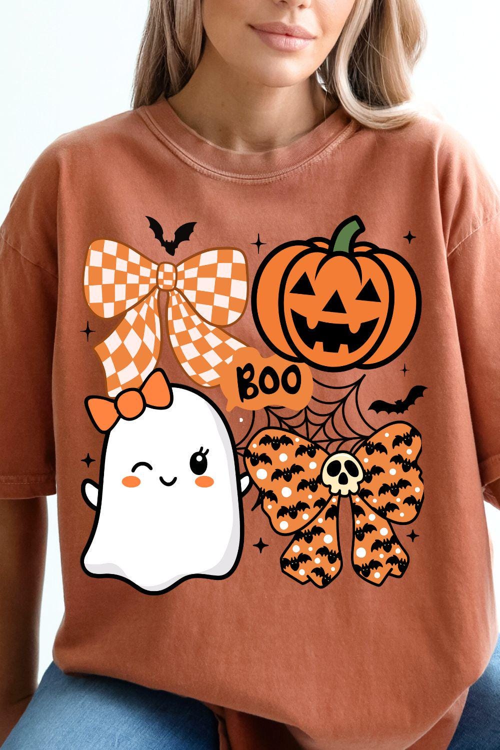 Cute Ghost Halloween PNG | Orange Bow and Pumpkin Clipart | Kawaii Boo Sublimation Design for Shirts and Crafts