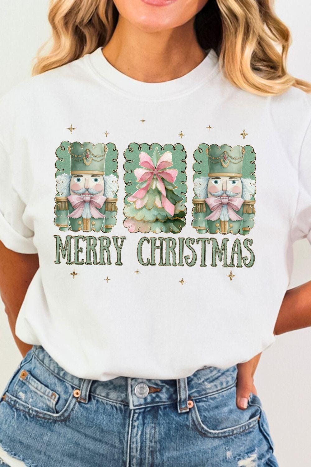 Vintage Nutcracker Merry Christmas PNG | Elegant Green Pink Tree Holiday Design | Classic Balletcore Christmas Sublimation File