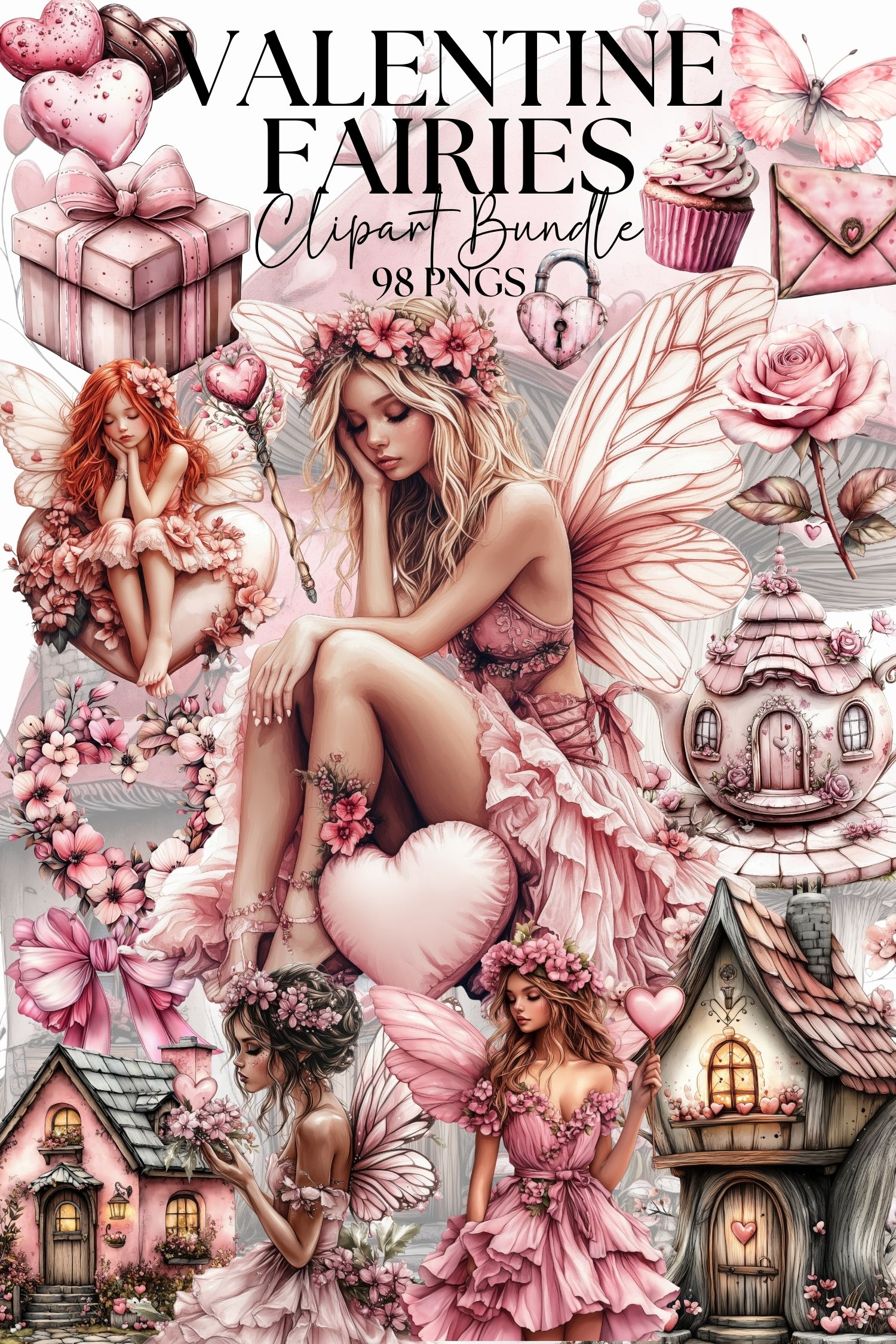 Valentine Fairies Clipart Bundle, Pink Fairy Girls, Hearts Flowers Chocolates, Romantic Valentine PNG, Love Fairy Art, Blush Coquette Girly
