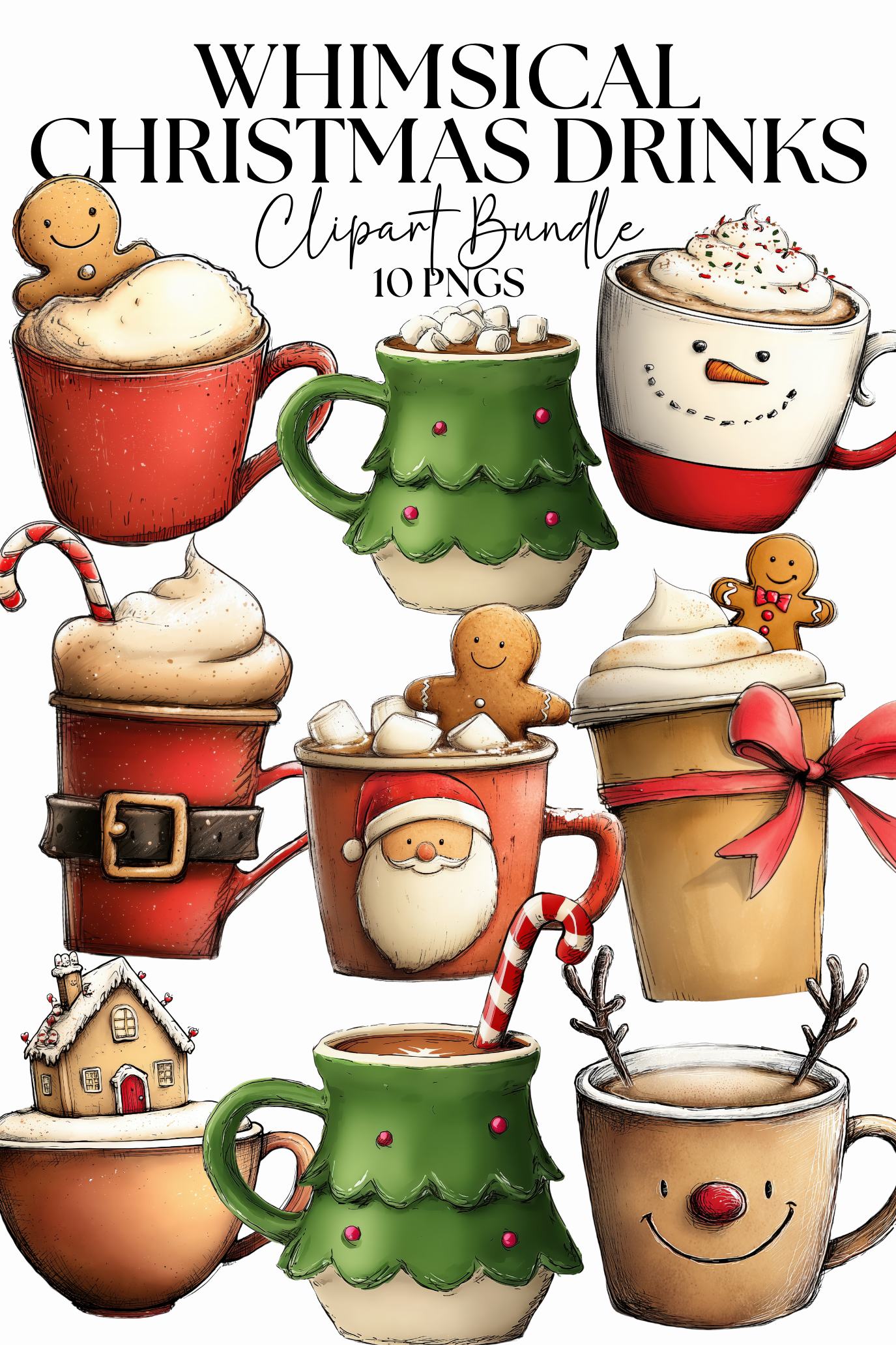 Whimsical Christmas Drinks Clipart Bundle PNG | Cute Holiday Mug Illustrations | Hot Cocoa Coffee Cups Gingerbread Snowman Art