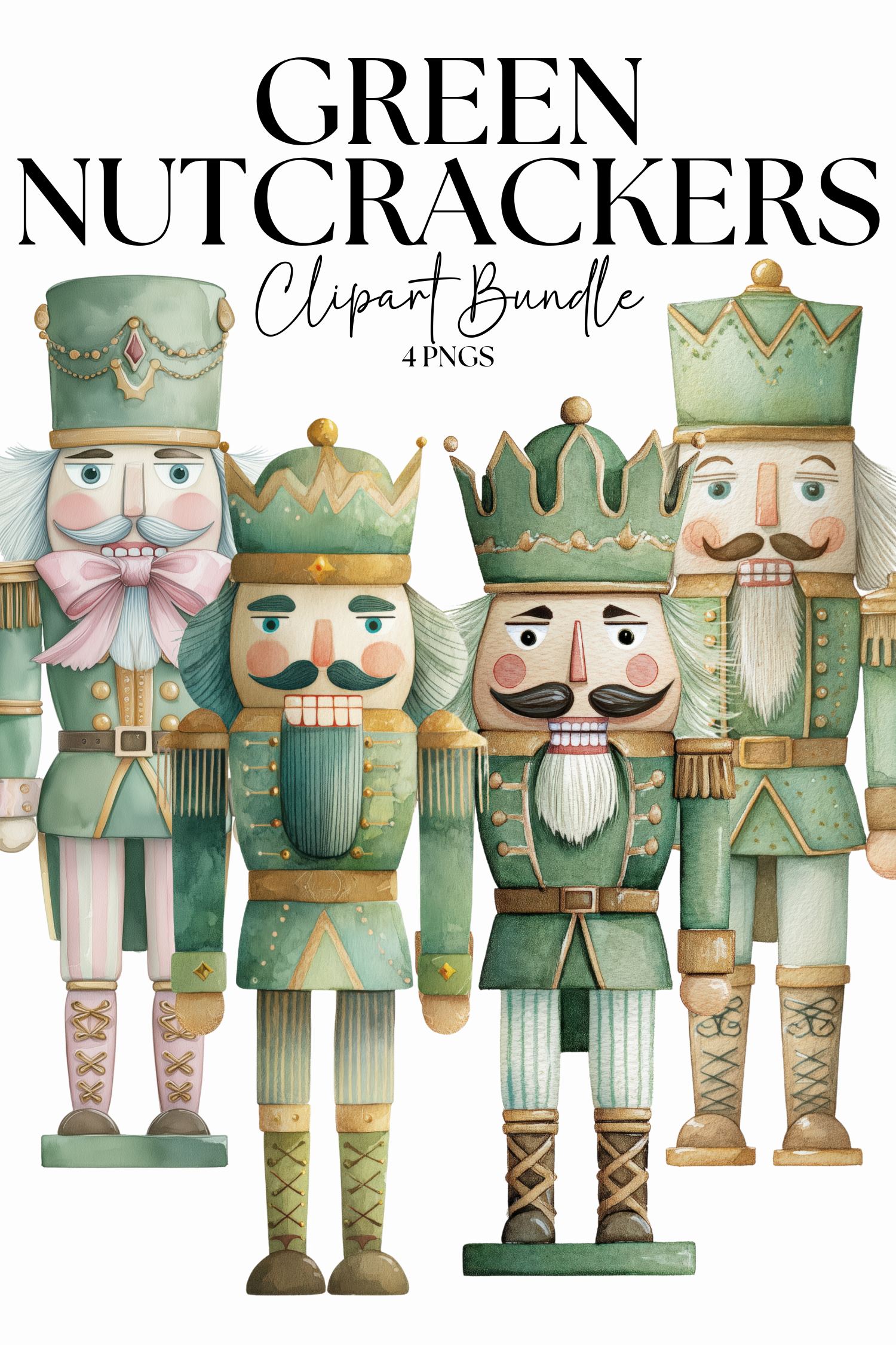 Green Nutcracker Clipart Bundle: Pastel Watercolor Coquette Bow Nutcracker set, Fussy Cut Ephemera Digital Sticker