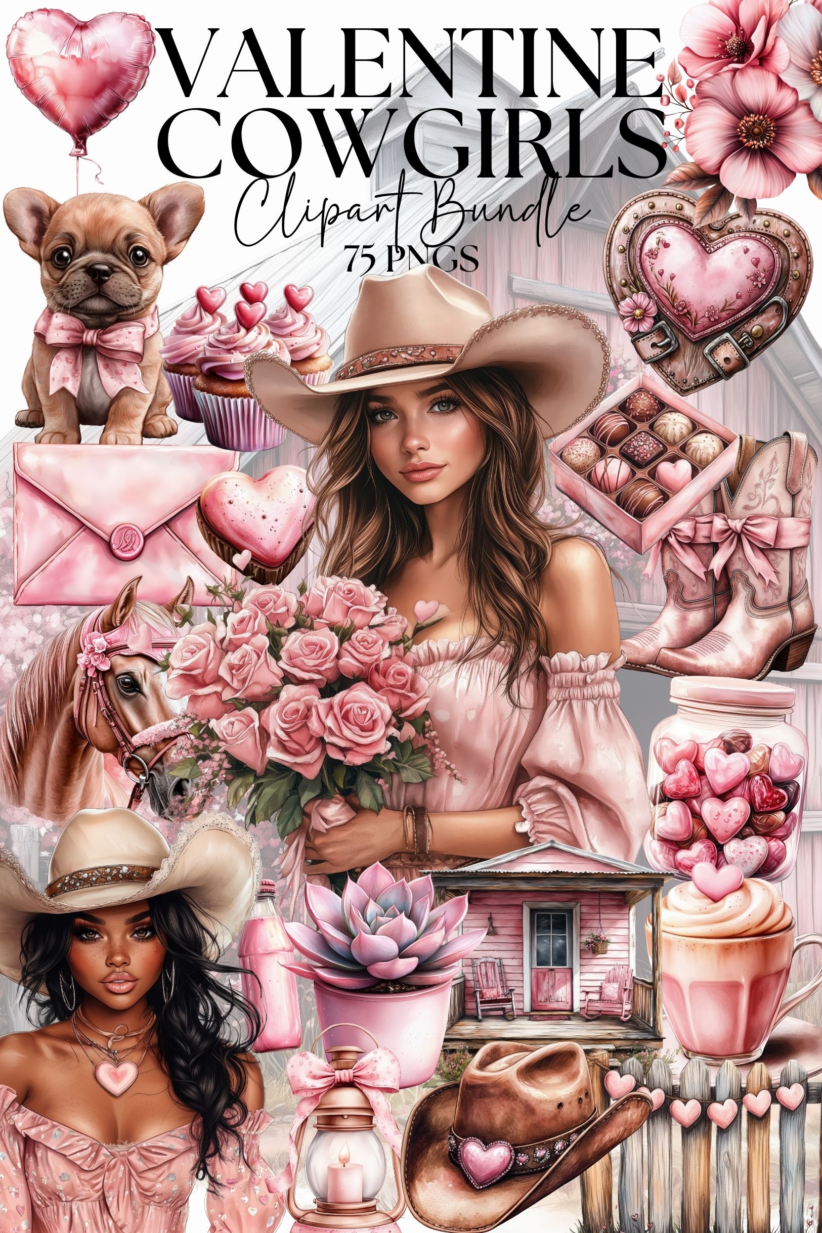 Valentine Cowgirl Clipart Bundle, Pink Western Cowgirls, Romantic Cowgirl PNG, Valentine Western Art, Cowgirl Love Graphics, Coquette Bow