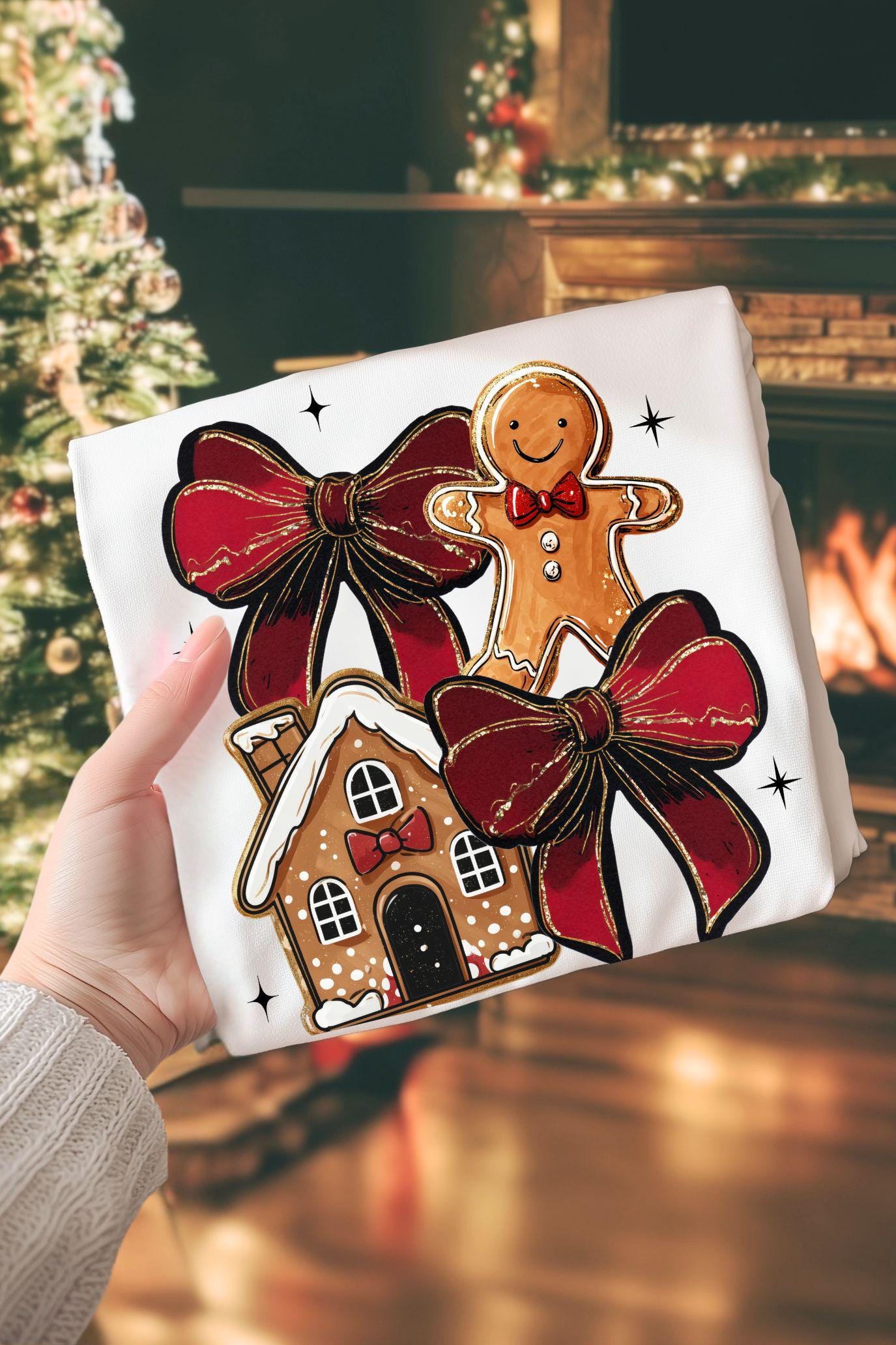 Brushstroke Christmas Doodle png, Gingerbread Cookie House Bow png, Preppy X-Mas Shirt Design