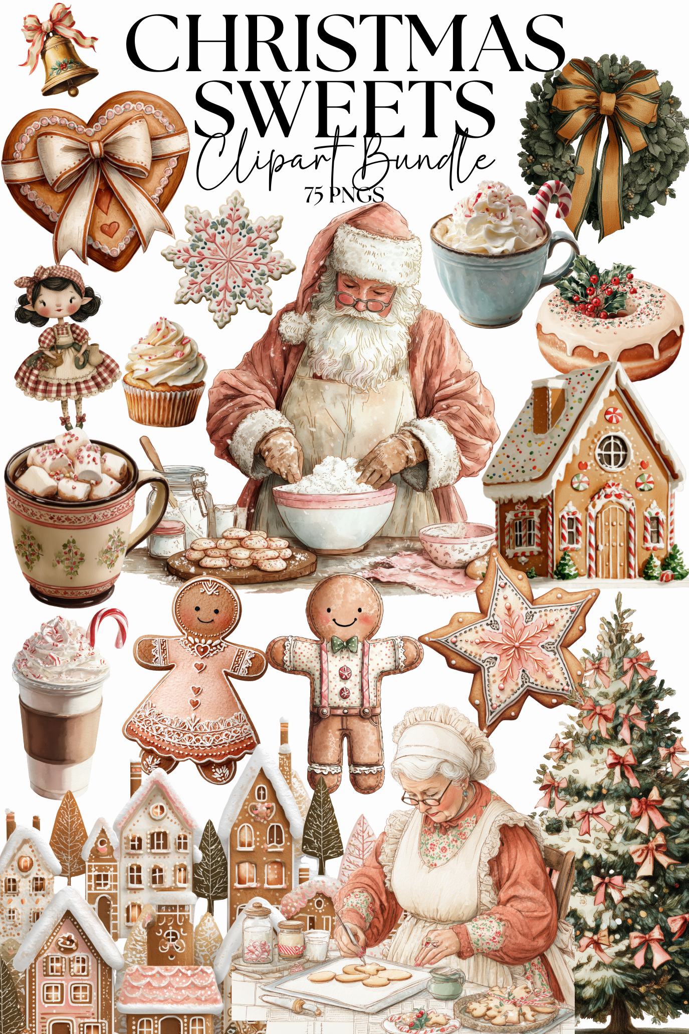 Christmas Sweets Clipart Bundle | Vintage Watercolor Gingerbread Girls Santa Cottage Baking Fussy Cut Ephemera Scrapbook PNG
