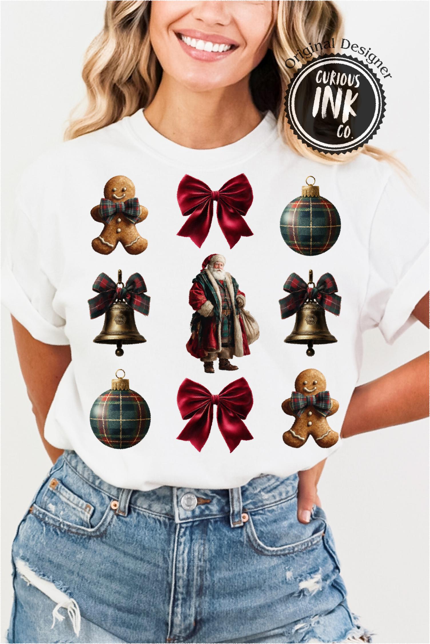 Heritage Plaid Christmas PNG, Vintage Santa Clipart, Gingerbread Bow Decor PNG, Classic Holiday Shirt Design, Cozy POD Graphic