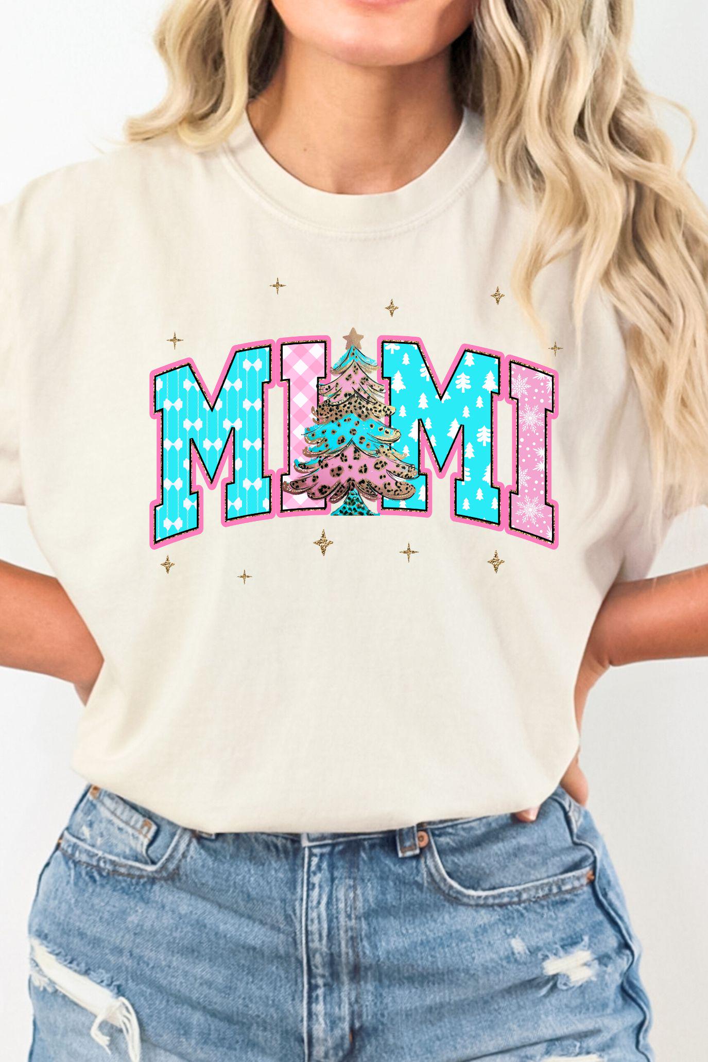 MIMI Christmas PNG | Preppy Leopard Tree Pink Blue Design | Retro Glitter Holiday Grandma Shirt Sublimation | Matching Family Xmas Gift Art