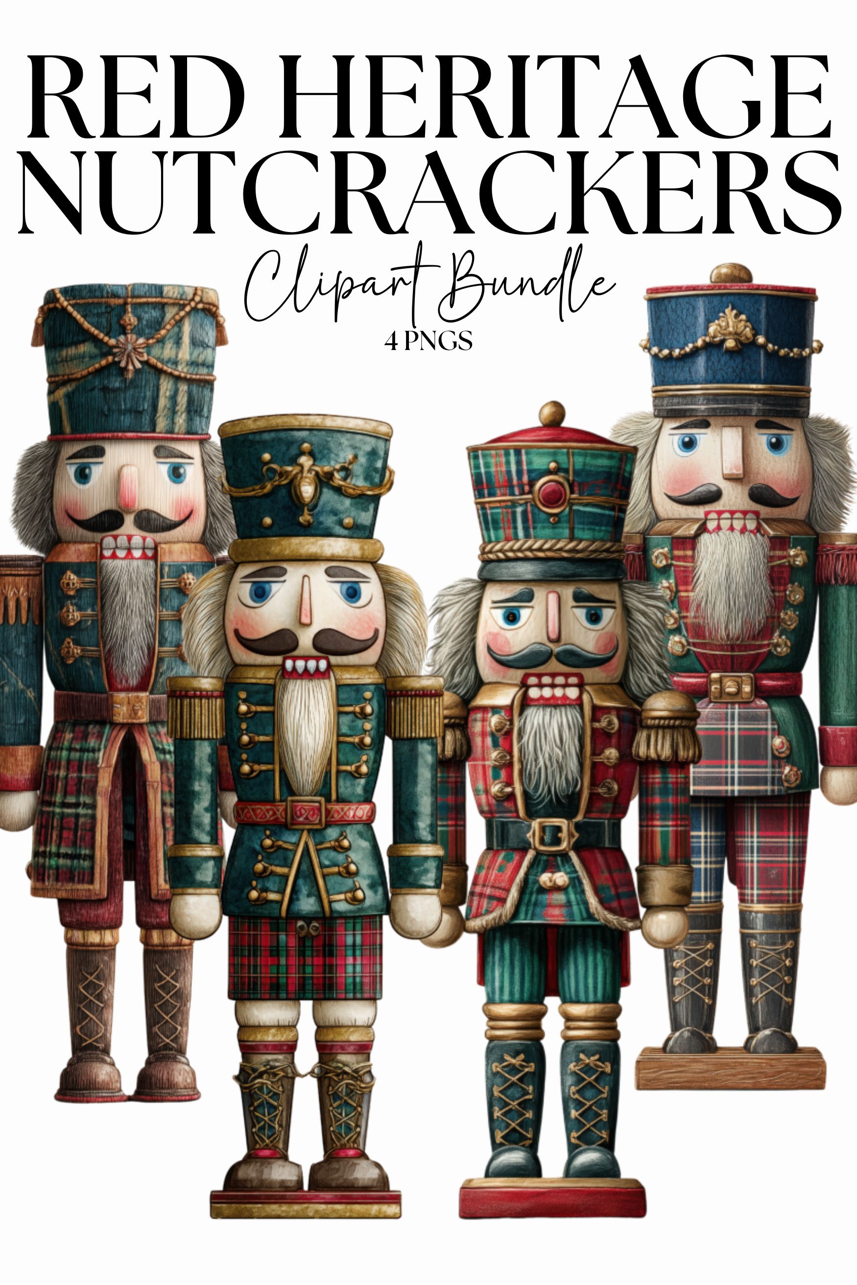 Red Heritage Nutcracker Clipart Bundle | Classic Tartan Plaid Christmas Soldiers | Vintage Wooden Holiday Decor Scottish Pattern PNG Set