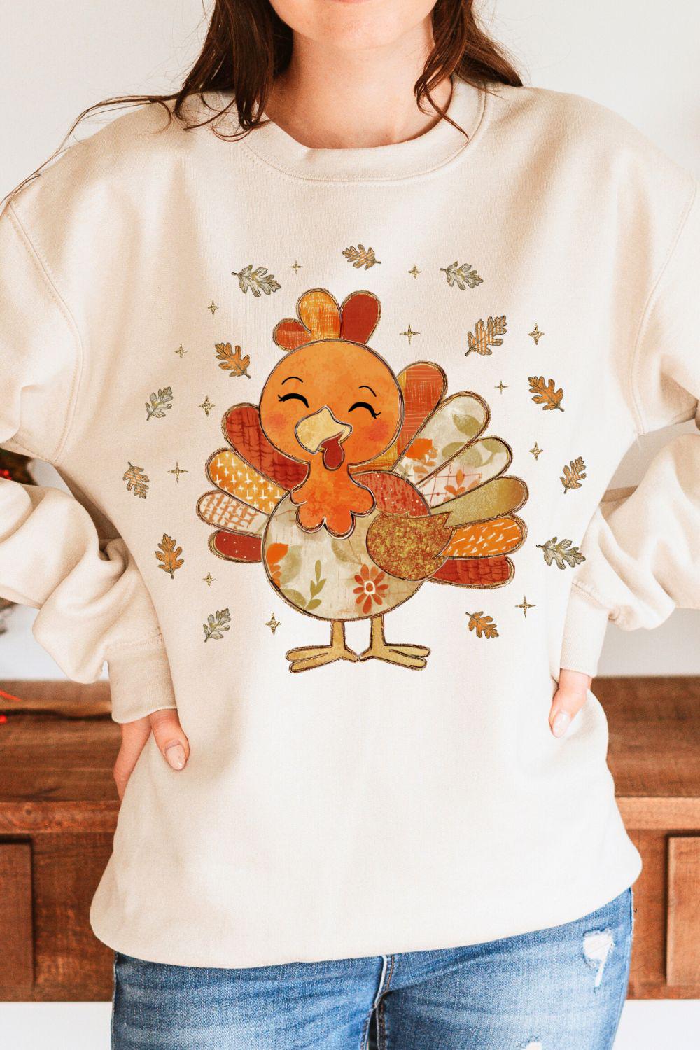 Girly Thanksgiving Turkey PNG | Floral Fall Patchwork Coquette Turkey Design | Retro Glitter Autumn Sublimation Shirt | Trending Fall POD