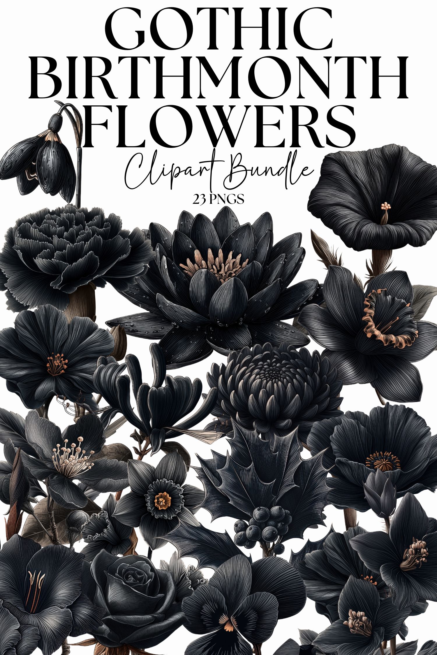 23 Gothic Birthmonth Flower Clipart Bundle, Black Birth Flower Fussy Cut Ephemera set, Floral Digital Sticker Sheet