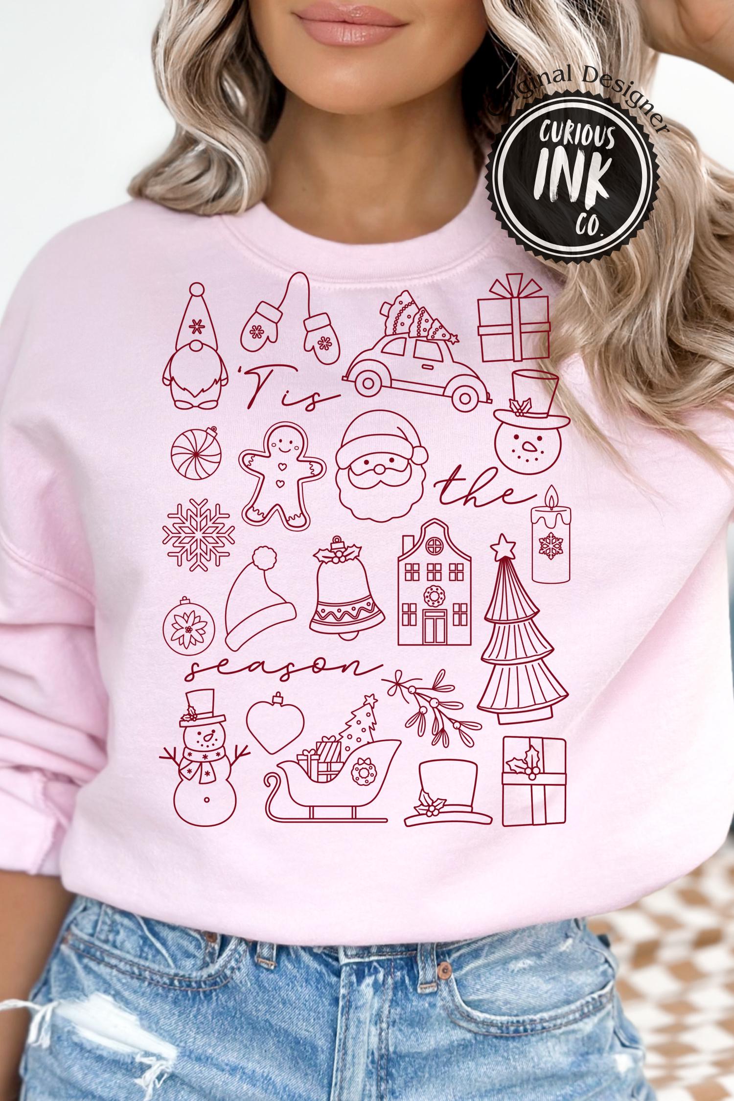 Red Christmas Doodle PNG | Minimalist Line Art Holiday Clipart | Tis the Season PNG for Christmas Shirts | Festive Outline Drawing Design