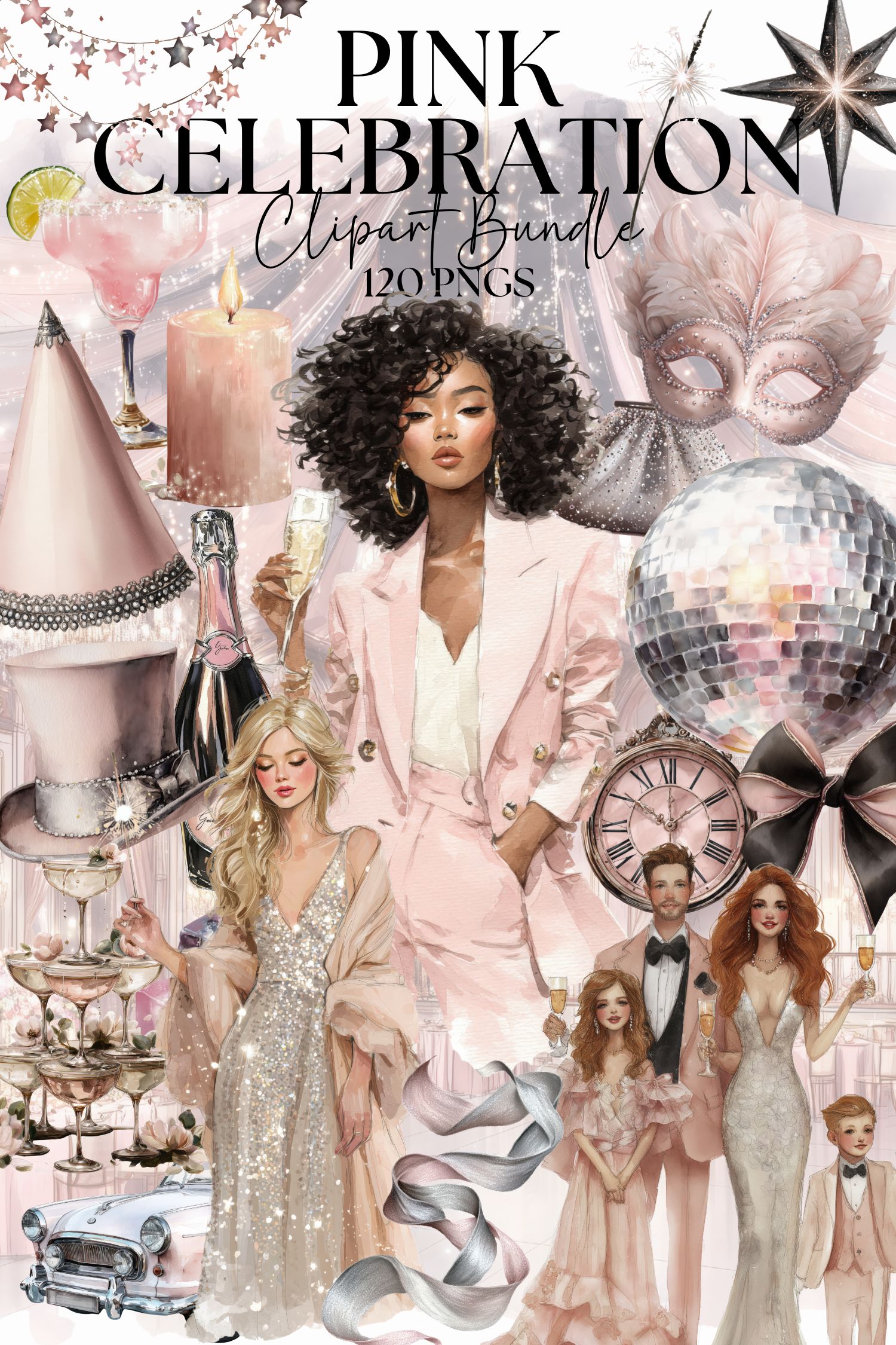 Pink Celebration Clipart Bundle, Blush Party PNG, Elegant Feminine Celebration Graphics, Luxury Pink Event Design