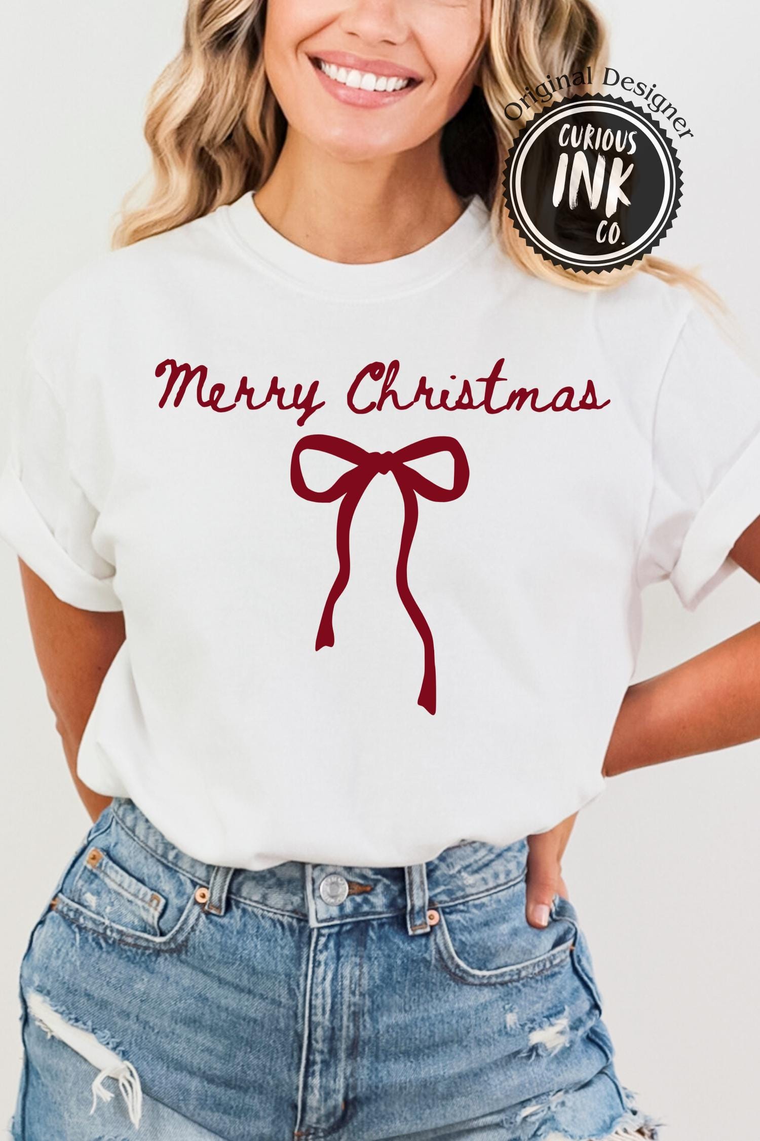 Preppy Merry Christmas PNG | Doodle Bow Christmas Shirt Design | Handdrawn Aesthetic Holiday PNG for Moms | Coquette Xmas Art for POD