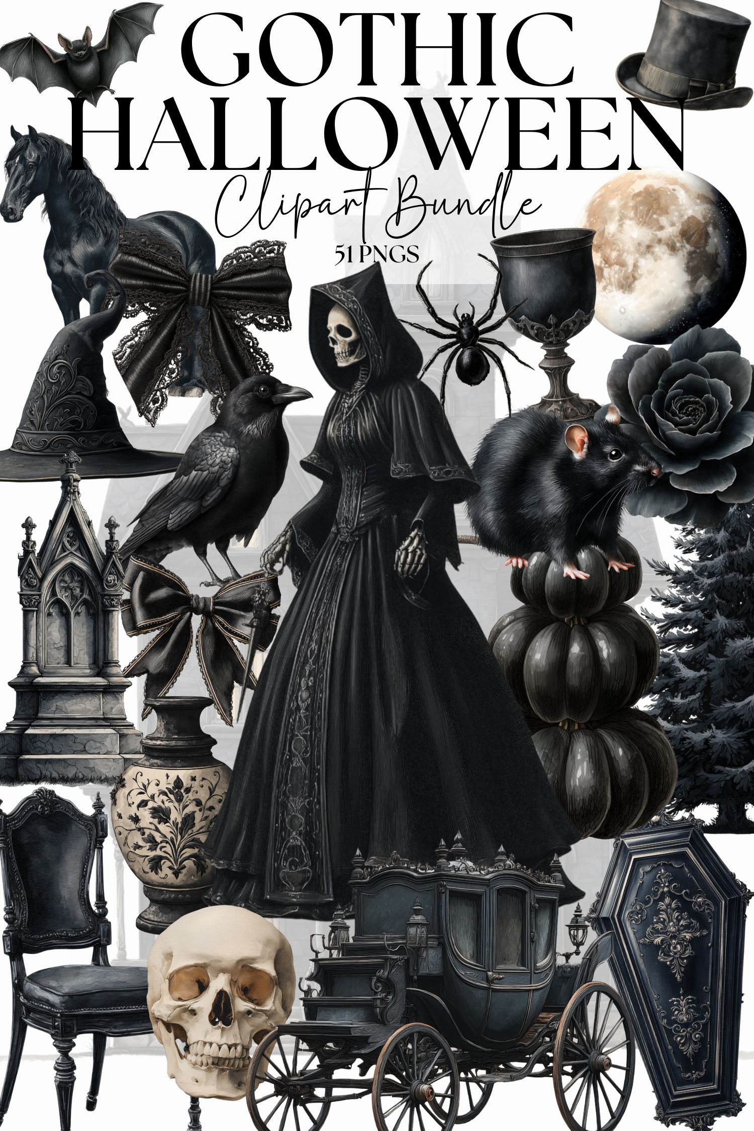 Gothic Halloween Clipart Bundle: 51 Spooky Vintage Junkjournal watercolor PNGs in black