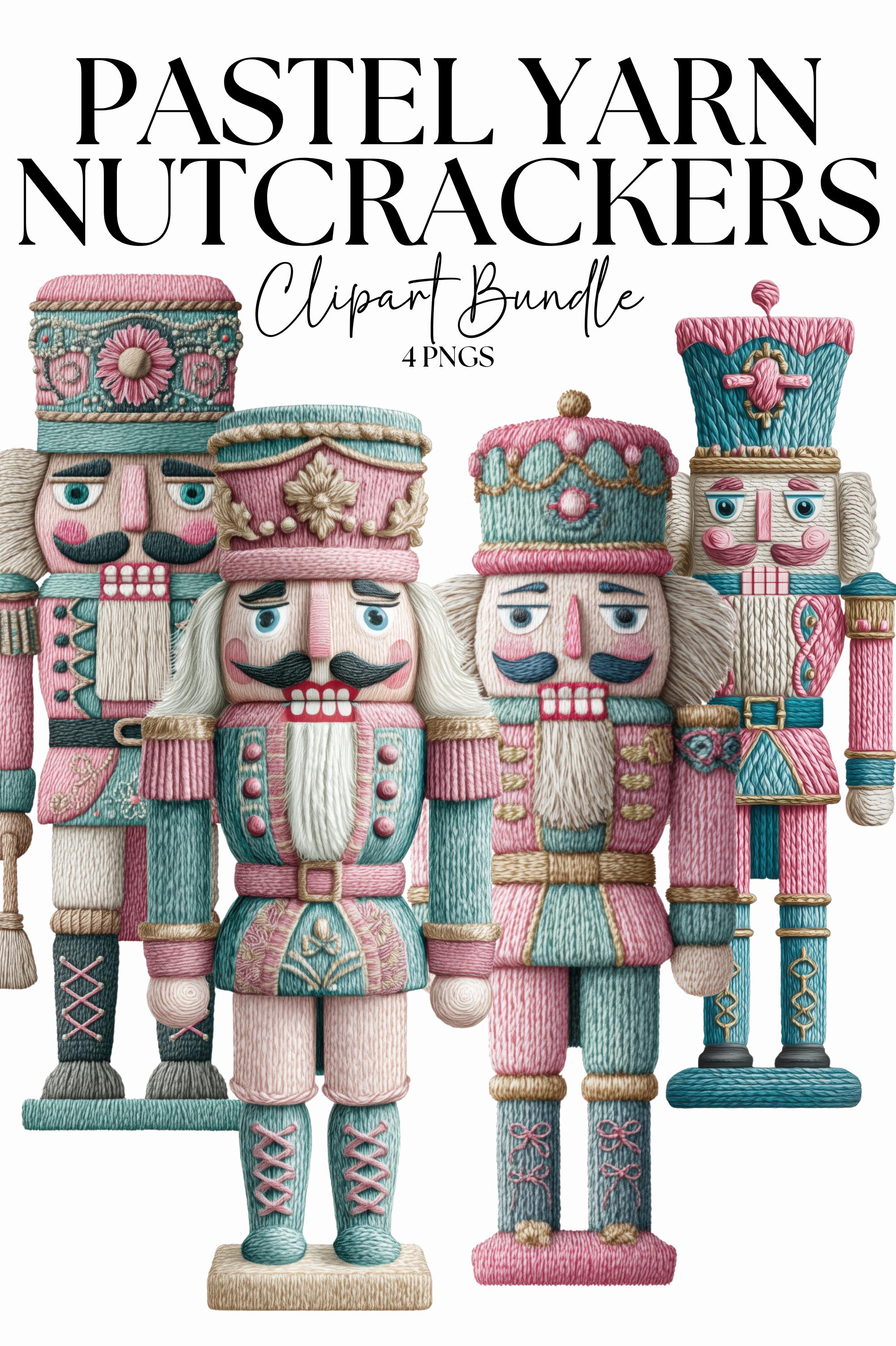 Pastel Yarn Nutcracker Clipart Bundle | Soft Knitted Christmas PNGs | Cozy Crochet Holiday Clipart | 4 Pink and Turquoise Nutcracker Designs