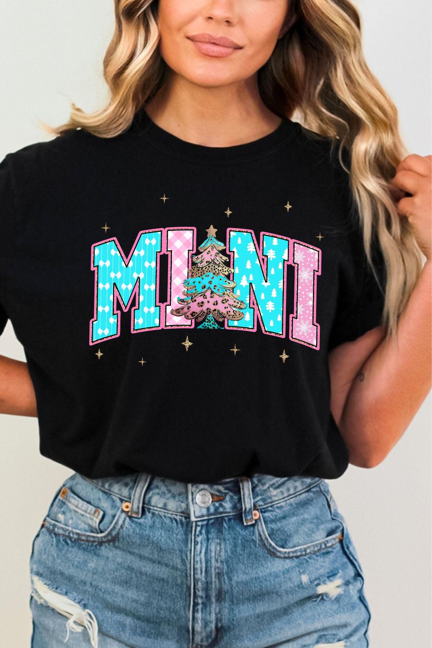 MINI Christmas PNG | Preppy Pink Blue Leopard Tree Design | Trendy Kids Holiday Sublimation | Cute Matching Family Xmas Shirt